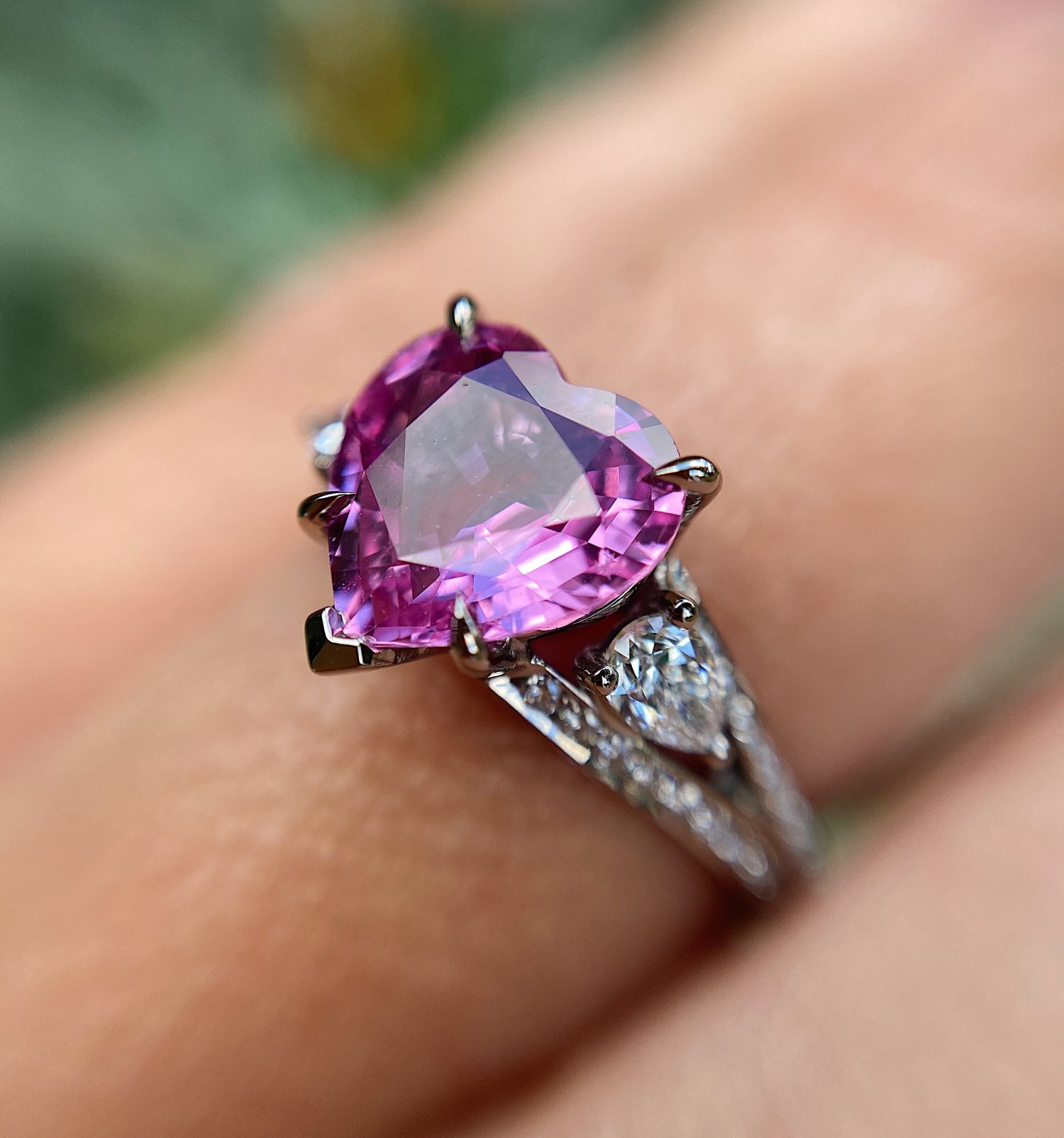 18ct White Gold Pink Sapphire Heart Ring With Diamond Shoulder Detail Baroque Bespoke Jewellery