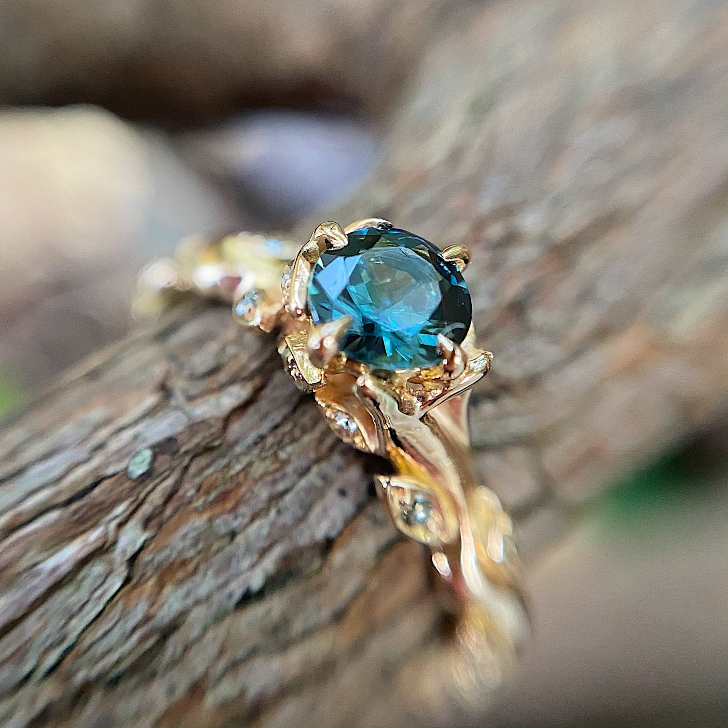 18ct rose gold and teal sapphire Rose & thorn engagement ring - Baroque ...