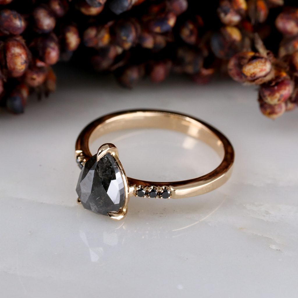 18ct rose gold pear shape salt and pepper diamond rise ring with black ...