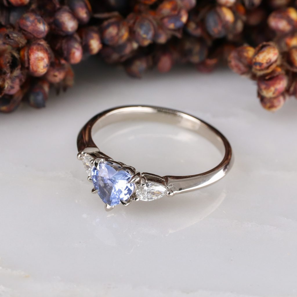 18ct white gold heart shape blue sapphire trilogy ring with white ...