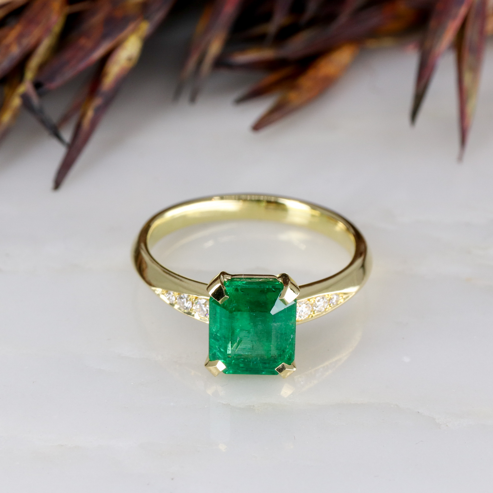 18ct yellow gold Coco engagement ring with octagon cut emerald ...