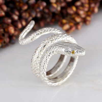 Serpent - Silver snake ring with orange diamond eyes - EXPORT-2