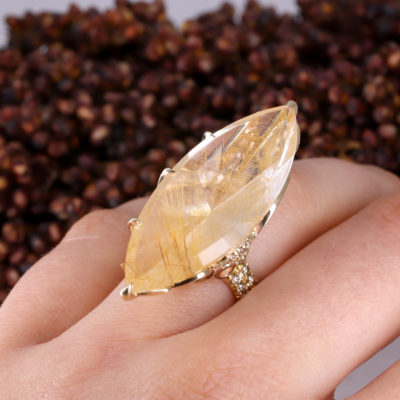 9Y Large marquise angel hair quartz ring with cinnammon diamond detail - EXPORT-8