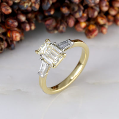 Trilogy - 18Y-18W - 1.20ct emerald cut pale yellow diamond centre and white tapered baguette sides - EXPORT-4